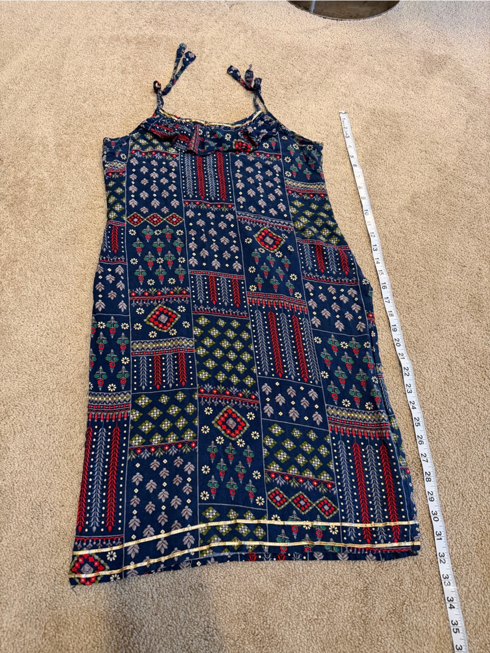 Girls' Navy Patchwork-Print Tie-Strap Casual Dress